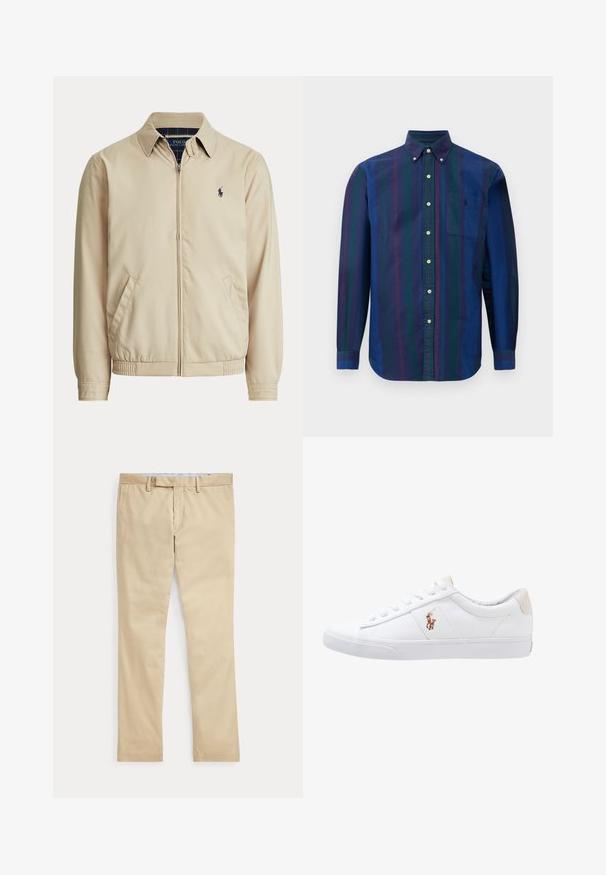 Beige jas met rits, kraag, zijzakken, elastische taille en een klein donker Polo Ralph Lauren-logo op de linkerborst.; Overhemd met knoopsluiting en verticale strepen in donkerblauw, groen en kastanjebruin. Gemaakt van stof met een soepele textuur en voorzien van een borstzak.; Beige broek met rechte pijpen, ceintuurlussen en een voorrits, plat gelegd tegen een witte achtergrond.; Witte canvas sneakers met een laag ontwerp, featuring een beige hieltab en een klein geborduurd logo aan de zijkant. Rubber zool.