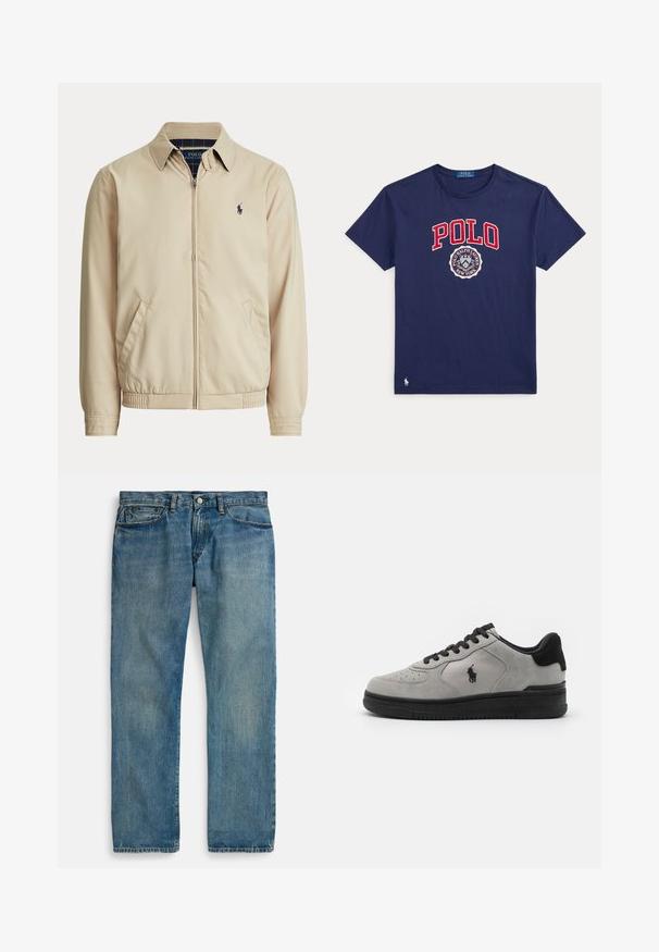 Veste beige zippée avec col, poches latérales, taille élastique et petit logo Polo Ralph Lauren foncé sur la poitrine gauche.; T-shirt bleu marine à manches courtes avec texte rouge "POLO" et logo circulaire Polo Ralph Lauren New York sur le devant, petit logo de cheval blanc près de l’ourlet.; Jean en denim bleu clair avec une coupe droite, comprenant cinq poches, une fermeture à bouton, et un délavage subtil pour la texture.; Baskets en suede grises avec des accents noirs, dotées d'un panneau latéral en tissu texturé, d'un bout rond et d'une semelle en caoutchouc noir. Logo brodé sur le côté.