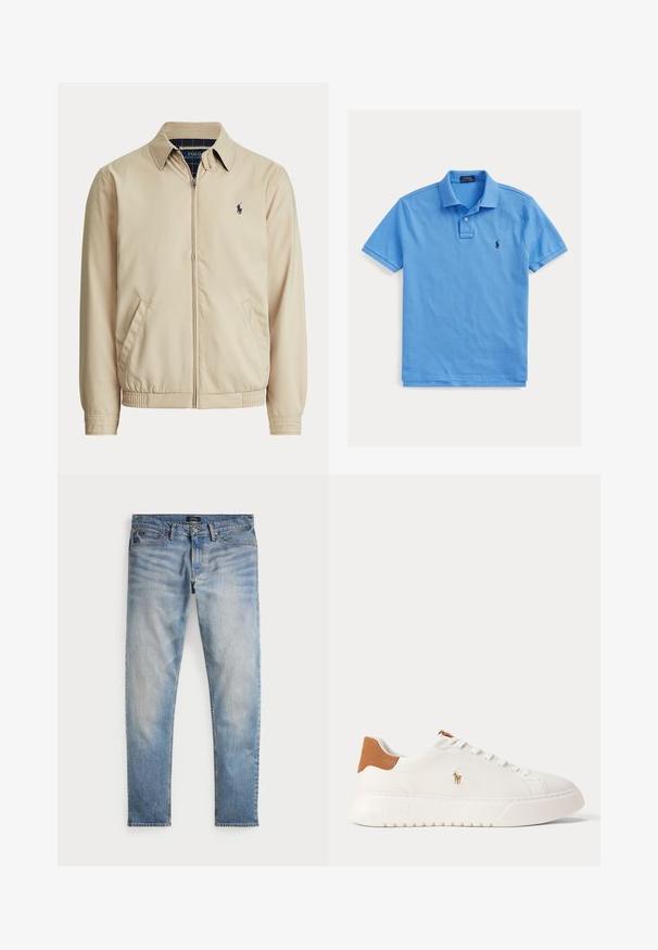 Beige jas met rits, kraag, zijzakken, elastische taille en een klein donker Polo Ralph Lauren-logo op de linkerborst.; Lichtblauw poloshirt met korte mouwen, kraag, twee knopen en donkerblauw geborduurd Polo Ralph Lauren-logo op de linkerborst.; Lichtblauwe denim jeans met een vervaagde afwerking, vijfzakkenontwerp en contrasterende stiksels. Heeft een ritssluiting en riemlussen. Rechte snit.; Witte lage sneaker met beige hieltab, witte veters en klein geborduurd polo spelerlogo aan de zijkant boven een dikke zool.