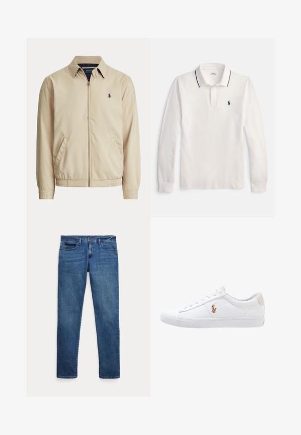 Beige jas met rits, kraag, zijzakken, elastische taille en een klein donker Polo Ralph Lauren-logo op de linkerborst.; Witte poloshirt met lange mouwen, zwarte bies op de kraag en een klein zwart geborduurd logo op de linkerborst.; Blauwe denim jeans met een slim fit, voorzien van voorkantzakken, riemlussen en een knoopsluiting op een witte achtergrond.; Witte canvas sneakers met een laag ontwerp, featuring een beige hieltab en een klein geborduurd logo aan de zijkant. Rubber zool.