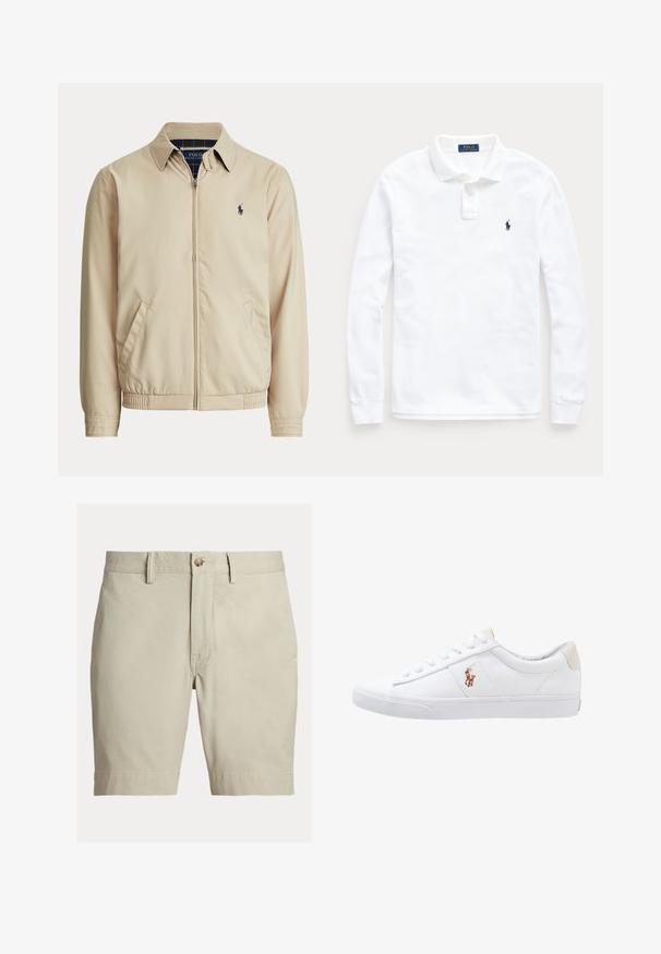 Béžová bunda na zips s golierom, bočnými vreckami, elastickým pásom a malým tmavým logom Polo Ralph Lauren na ľavej strane hrudníka.; Biela polo košeľa s dlhým rukávom, golierom, dvojgombíkovou légou a malým tmavomodrým vyšitým logom koňa na ľavej hrudi.; Béžové šortky po kolená s pútkami na opasok, zapínaním na gombík a zipsom, zobrazené na bielom pozadí.; Biele plátenné tenisky s nízkym strihom, ktoré majú béžový opasok na päte a malé vyšívané logo na boku. Gumová podrážka.