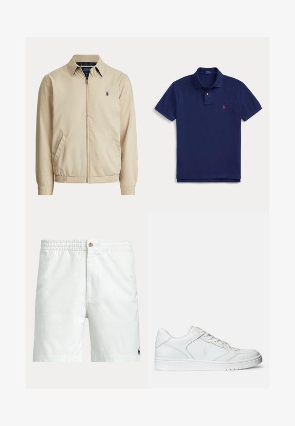 Beige jakke med lynlås, krave, sidelommer, elastisk talje og et lille mørkt Polo Ralph Lauren-logo på venstre bryst.; Marineblå poloshirt med krave, to knapper, korte ærmer og lille rødt Ralph Lauren logo på venstre bryst.; Hvide herreshorts med elastisk talje, knaplukning, sidelommer og lille mørkt logo nær den nederste kant på det ene ben.; Hvide lædersneakers med en glat tekstur, der har en perforeret tå, snørebåndslukning og broderet logo på siden. Hvid gummisål.