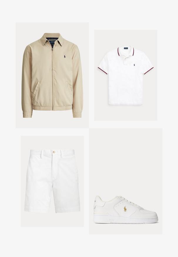 Béžová bunda na zips s golierom, bočnými vreckami, elastickým pásom a malým tmavým logom Polo Ralph Lauren na ľavej strane hrudníka.; Biele polokošeľa s krátkym rukávom s červeným a námorníckym lemom na golieri a rukávoch, s malým námorníckym vyšívaným logom koňa na hrudi.; Biele šortky po kolená s pútkami na opasok a hnedým gombíkom na zapínanie v páse, zobrazené na jednoduchom pozadí.; Biele kožené nízke tenisky s bielymi šnúrkami a zlatým logom Polo Ralph Lauren na boku a "Polo" vyrazeným na podrážke.