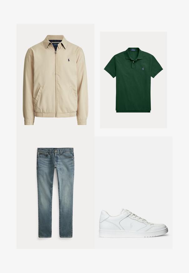 Beige jas met rits, kraag, zijzakken, elastische taille en een klein donker Polo Ralph Lauren-logo op de linkerborst.; Donkergroen poloshirt van katoen, met een klassieke kraag, korte mouwen en een klein paars logo op de linkerborst.; Blauwe denim jeans met rechte pijpen, voorzakken, riemlussen en knoopsluiting.; Witte leren sneaker met een gladde textuur, voorzien van een geperforeerde neus, vetersluiting en geborduurde logo aan de zijkant. Witte rubberen zool.