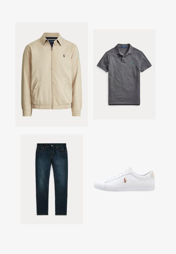Beige jakke med lynlås, krave, sidelommer, elastisk talje og et lille mørkt Polo Ralph Lauren-logo på venstre bryst.; Kortærmet mørkegrå Polo Ralph Lauren bomulds polo med grønt broderet logo og to-knaps stolpelukning på flad hvid baggrund.; Mørkeblå slim-fit jeans med let falmning og fem-lomme-design, lagt fladt på hvid baggrund.; Hvide kanvas sneakers med lågtop design, prydet med en beige hælkappe og et lille broderet logo på siden. Gummisål.