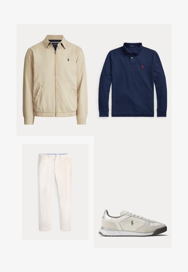 Beige jakke med lynlås, krave, sidelommer, elastisk talje og et lille mørkt Polo Ralph Lauren-logo på venstre bryst.; Navyblå langærmet poloshirt med krave, to knapper og rødt broderet logo på venstre bryst.; Herre slim-fit off-white bukser med frontlommer, bæltestropper og knaplukning på en ensfarvet baggrund.; Lavprofileret hvid og lysegrå sneaker med Polo-logo på siden, snørelukning foran og sølvaccent på hælen.