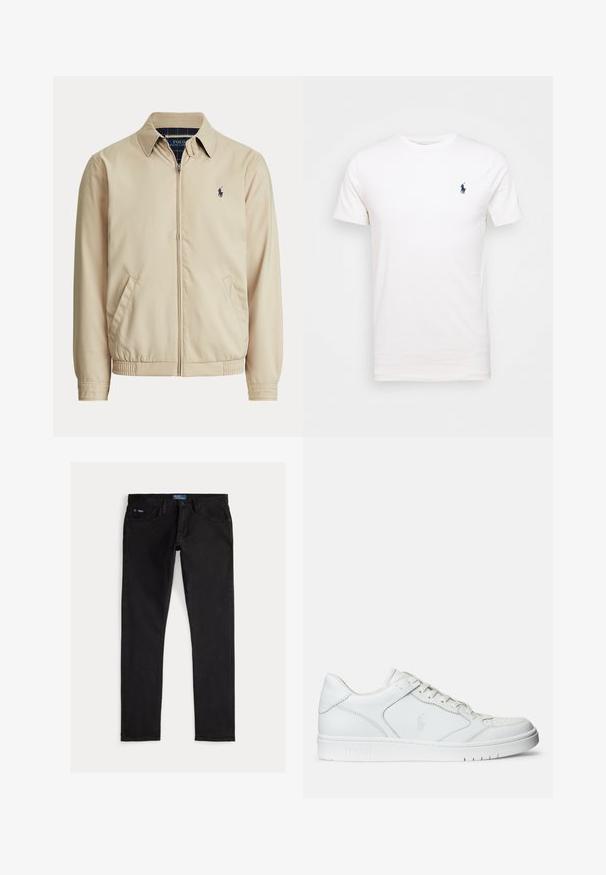 Beige jas met rits, kraag, zijzakken, elastische taille en een klein donker Polo Ralph Lauren-logo op de linkerborst.; Witte katoenen t-shirt met een ronde hals. Heeft een klein donkerblauw logo op de linkerborst. Korte mouwen, soepele textuur.; Zwarte denim jeans met een slim fit, voorzien van vijf zakken, riemlussen en een blauw merkembleem op de tailleband. Glad, duurzaam materiaal.; Witte leren sneaker met een gladde textuur, voorzien van een geperforeerde neus, vetersluiting en geborduurde logo aan de zijkant. Witte rubberen zool.