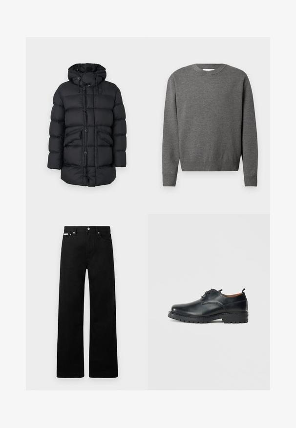 Chaqueta acolchada negra con capucha, con grandes secciones acolchadas, dos bolsillos frontales, cierre de botones completo y cordones ajustables.; Suéter gris de cuello redondo fabricado en un suave tejido de punto. Presenta mangas largas y puños y dobladillo acanalados. Diseño minimalista sin logotipos visibles.; Pantalones de mezclilla negros con un diseño de pierna ancha, que cuentan con cinco bolsillos y herrajes de botón metálico. Textura suave, sin patrones visibles.; Zapatos derby de cuero negro con una textura suave, punta redondeada, diseño de cordones y una suela de goma gruesa y resistente.