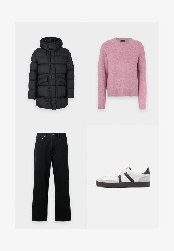 Chaqueta acolchada negra con capucha, con grandes secciones acolchadas, dos bolsillos frontales, cierre de botones completo y cordones ajustables.; Jersey de punto rosa con cuello redondo, mangas largas y puños acanalados. Textura suave y ajuste relajado, ideal para uso casual.; Jeans de mezclilla negra con corte recto, diseño de cinco bolsillos, clavos metálicos y cierre de botón. La tela tiene una textura suave con un desvanecimiento mínimo.; Zapatilla blanca con acentos en negro y gris, que presenta una puntera texturizada en gris, suela de goma negra y cordones planos blancos. Diseño limpio, estilo minimalista.