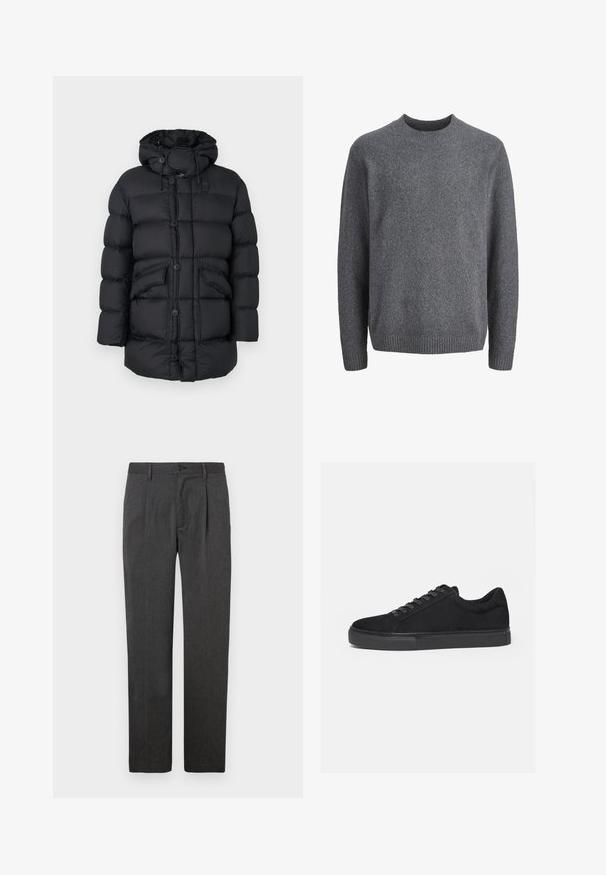 Chaqueta acolchada negra con capucha, con grandes secciones acolchadas, dos bolsillos frontales, cierre de botones completo y cordones ajustables.; Suéter de lana gris oscuro con cuello redondo, mangas largas y puños, cuello y dobladillo acanalados.; Pantalones grises ajustados con un corte recto, que presentan un plisado frontal, cremallera y cierre de botón. Textura suave, diseño clásico.; Zapatilla deportiva negra de corte bajo con cordones delanteros y suela de goma plana, mostrada de lado sobre un fondo blanco.