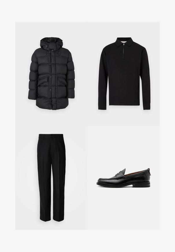 Chaqueta acolchada negra con capucha, con grandes secciones acolchadas, dos bolsillos frontales, cierre de botones completo y cordones ajustables.; Polo de manga larga negro con diseño de cuello con cremallera, confeccionado en tela suave, con cuello clásico y puños acanalados.; Pantalones negros de tela suave, con un diseño de pierna recta, parte delantera plana y pasadores para cinturón, exhibidos sobre un fondo liso.; Mocasín de hombre de piel negra con costura moc toe, tira penny, cuello texturizado y tacón bajo apilado sobre fondo blanco.