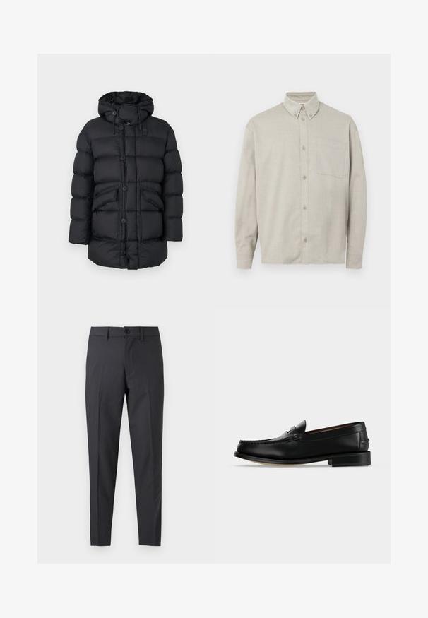 Chaqueta acolchada negra con capucha, con grandes secciones acolchadas, dos bolsillos frontales, cierre de botones completo y cordones ajustables.; Camisa de botón de manga larga en gris claro, confeccionada en una tela suave. Cuenta con un cuello abotonado, bolsillo frontal y un corte relajado.; Pantalones de vestir ajustados de color gris oscuro con botón delantero y presillas para cinturón, mostrados planos sobre un fondo blanco.; Mocasín masculino de cuero negro con tacón bajo y costura estilo mocasín en la puntera, mostrado de lado sobre un fondo liso.