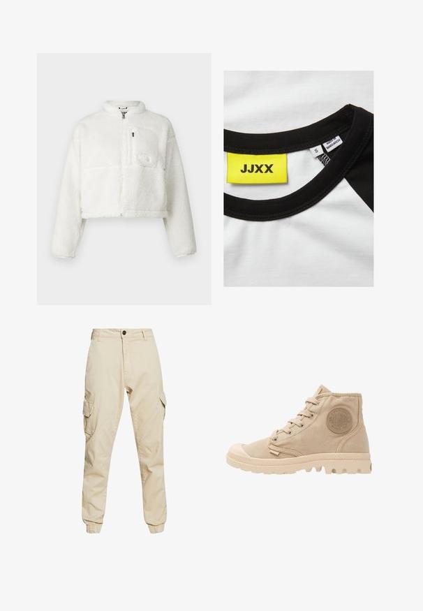 Hvid beskåret fleecejakke med høj krave, lynlås lukning og logo mærket på brystlommen. Blød tekstur, lange ærmer og afslappet pasform.; JJXX JXGIGI LOGO TEE - T-shirts print - bright white/black; Beige cargo bukser med en klassisk pasform, der har to sidelommer, elastiske manchetter og blødt bomuldsstof med en glat tekstur.; Beige højhælet sko lavet af lærred med en tekstureret gummisål, der har rund logopatch, snørebånd foran og forstærket tåkappe.