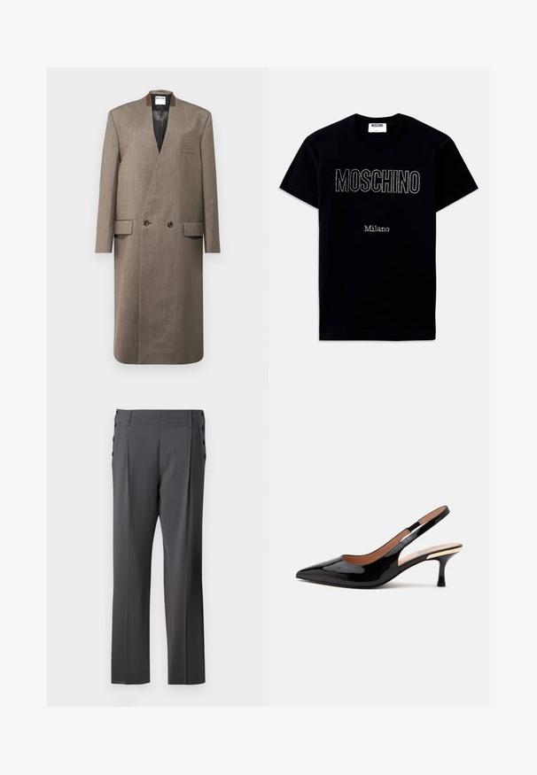Brun uldfrakke med dobbeltradet design, slidsekrave, to frontlommer og en glat tekstur. Foring indvendigt og skræddersyet snit.; Sort T-shirt med korte ærmer med teksten "MOSCHINO" og "Milano" i små rhinsten centreret på forsiden.; Grå skræddersyede bukser med lige ben, frontfolder og dekorative sidelommer for ekstra detalje. Glat stofstruktur.; Sort laklæder slingback pumpe med spids tå og lav kitten hæl på en ens hvid baggrund.