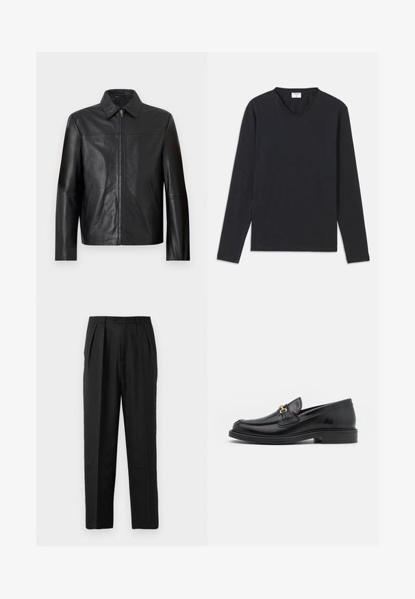 Veste en cuir noir avec fermeture éclair à l'avant, col classique, manches longues et deux poches latérales sur fond blanc.; T-shirt noir à manches longues avec un décolleté en V, fabriqué à partir d'un tissu doux, présentant une coupe droite et sans motifs ni accents visibles.; Pantalons plissés noirs au design sur mesure, confectionnés en tissu lisse, avec une fermeture à bouton et une coupe droite.; Mocassins en cuir noir avec un embout rond, présentant des accents en métal doré et des détails de couture, montés sur une semelle en caoutchouc texturé et basse.