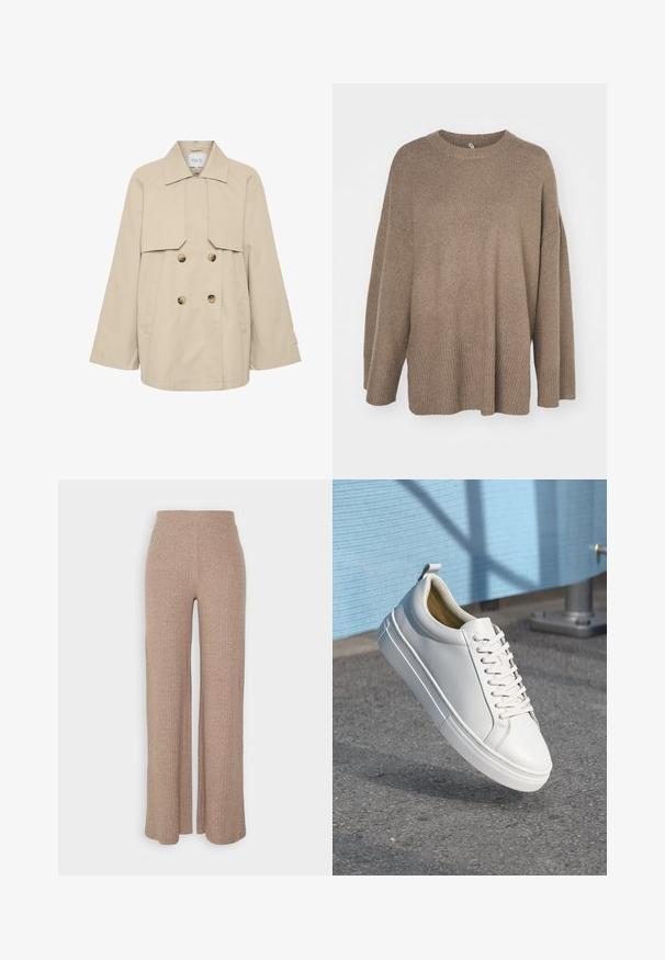 Trench-coat beige à double boutonnage avec un large col, des manches longues, deux poches avant et des boutons marron. Tissu lisse et léger.; Pull marron oversized avec un ourlet côtelé, des manches larges et un col rond. Texture douce, design minimaliste sans motifs.; Pantalons larges en beige à côtes avec une taille haute et une texture douce, présentant une coupe loose et sans fermetures visibles.; Baskets blanches en cuir avec des lacets plats, bout rond, semelle en caoutchouc et une petite languette au talon. Texture lisse avec des détails de design minimalistes.