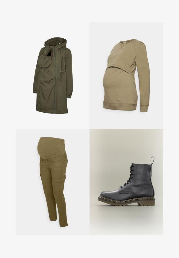Grøn hættetrøjejakke med frontlynlås og en lynlåslomme på brystet, elastiske manchetter og justerbar snøre i taljen.; Boob WARMER - Sweatshirt - green khaki; ONLY MATERNITY OLMMISSOURI SLIM - Cargobukser - winter moss; Sort læderkampstøvle med 8 snørehuller, gummisål, gul syning og en træksløjfe bagpå. Har en struktureret overdel.