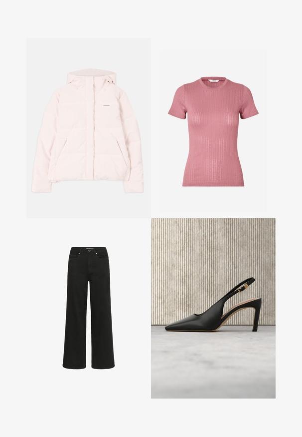 Chaqueta de plumas rosa claro con capucha, con cierre delantero de cremallera, dos bolsillos laterales y un sutil logo en el pecho. Textura suave.; Top rosa de manga corta con cuello redondo, con un patrón texturizado de líneas verticales y pequeños rombos en todo el tejido.; Kaffe KAMEADOW HW REG FIT JEANS - Vaqueros a campana - black deep; Zapato de tacón alto de cuero negro, con punta afilada y tirante tipo slingback ajustable con hebilla dorada, y plantilla interior beige.