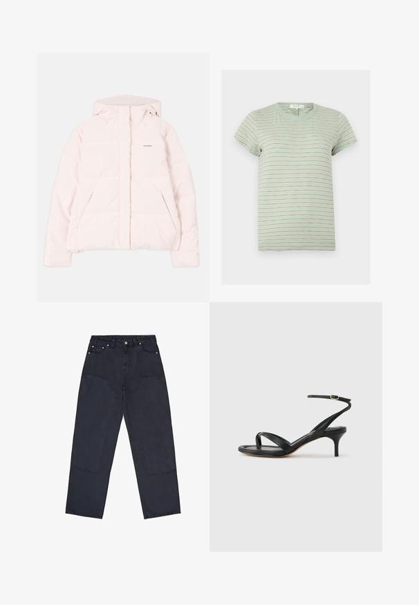 Chaqueta de plumas rosa claro con capucha, con cierre delantero de cremallera, dos bolsillos laterales y un sutil logo en el pecho. Textura suave.; Camiseta de manga corta color verde claro con finas rayas horizontales blancas y marrones y cuello redondo.; Vaqueros de mezclilla oscura de pierna recta con cintura alta, que cuentan con grandes bolsillos frontales y costuras visibles. Sin adornos ni patrones.; Sandalia negra de cuero para mujer con tiras finas, un lazo para el dedo del pie, hebilla en el tobillo y tacón de aguja de altura media sobre un fondo neutro.