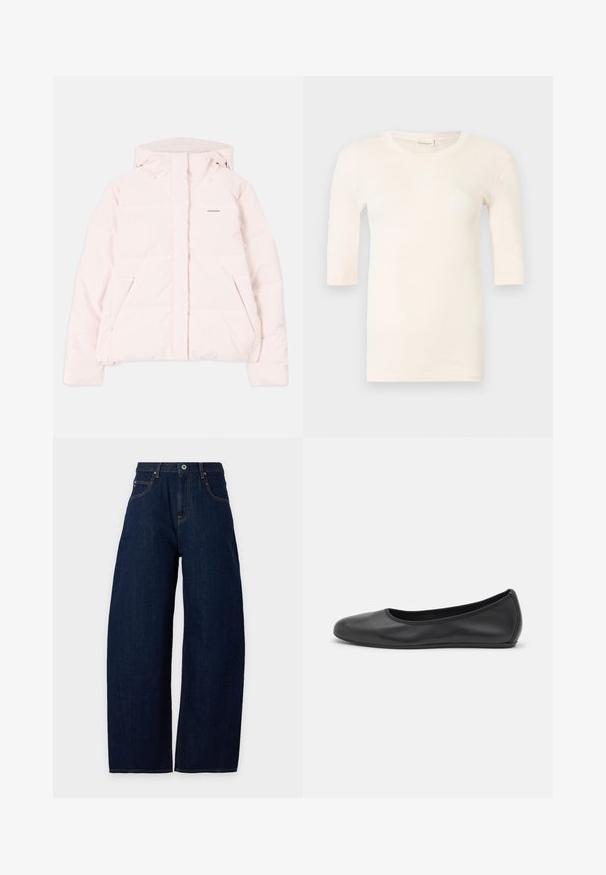 Chaqueta de plumas rosa claro con capucha, con cierre delantero de cremallera, dos bolsillos laterales y un sutil logo en el pecho. Textura suave.; Top de punto de manga corta en rosa claro con escote redondo y silueta ajustada, exhibido sobre un fondo claro y liso.; Vaqueros de pierna ancha de color azul oscuro con bolsillos delanteros, trabillas para cinturón y cierre de botón y cremallera sobre un fondo liso.; Bailarina de piel negra con punta redondeada, textura suave, detalle de costura minimalista y diseño de suela flexible.
