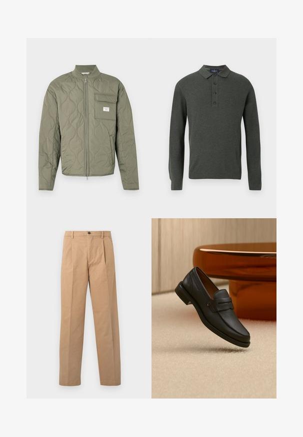 Grøn quiltet jakke med lynlås, bølgemønster, høj krave og en klaplomme på venstre bryst med en hvid label.; Langærmet polo sweater i mørkegrøn, lavet af struktureret stof. Har en klassisk krave og tre knaplukninger.; Khaki bukser med lige ben-design, lavet af bomuldsstof; har en enkelt knaplukning og to frontfolder.; Sort læder herreloafer med bånd tværs over toppen, vist på beige tæppe nær et brunt moderne rundt bord.