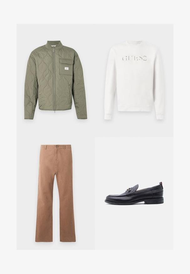Gewatteerde olijfgroene jas met ritssluiting, golfstiksels, een hoge kraag en een klepzak op de linkerborst met een wit etiket.; Witte langslavige crewneck sweatshirt met reliëf "GUESS EST. 1981" logo op de borst, weergegeven op een effen witte achtergrond.; Bruine, rechte broek van katoen. Voorzien van een knoopsluiting, voorkruiken en zichtbare stiksels langs de naden.; Zwarte leren loafer met grijze, gestructureerde vamp, zilveren metalen gesp, lage hak en trekkoord aan de achterkant.