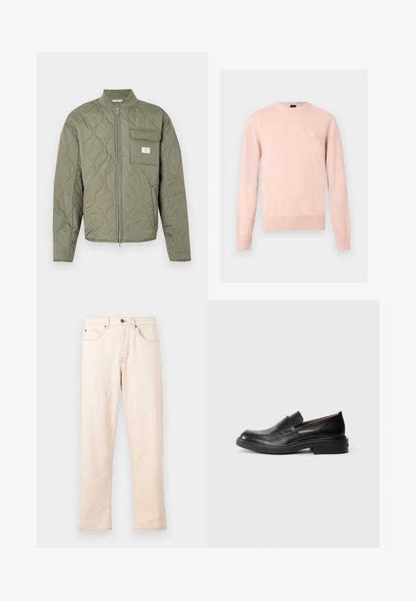 Grøn quiltet jakke med lynlås, bølgemønster, høj krave og en klaplomme på venstre bryst med en hvid label.; Lyserød langærmet crewneck sweater med ribkant ved ærmer og bund, med lille, diskret logo på venstre bryst.; Beige jeans med rette ben, fem lommer, knaplukning og kontrastsyning på en ensfarvet lys baggrund.; Sorte læder slip-on dress sko med lav hæl og subtil Calvin Klein logo på siden, vist i profil på en hvid baggrund.