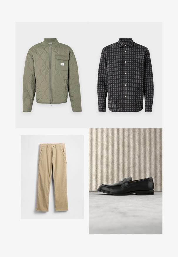 Chaqueta acolchada verde oliva con cremallera, costuras en forma de onda, cuello alto y un bolsillo con solapa en el lado izquierdo del pecho con una etiqueta blanca.; Camisa negra de manga larga con botones, con un patrón a cuadros blancos y botones blancos, mostrada plana sobre un fondo blanco.; Pantalones de pana beige con piernas rectas, bolsillos frontales y cierre de botón. Cuenta con un bolsillo lateral y tela texturizada.; Mocasín de cuero negro con una placa metálica de marca apoyado cerca de una mesa redonda marrón sobre un suelo alfombrado beige.