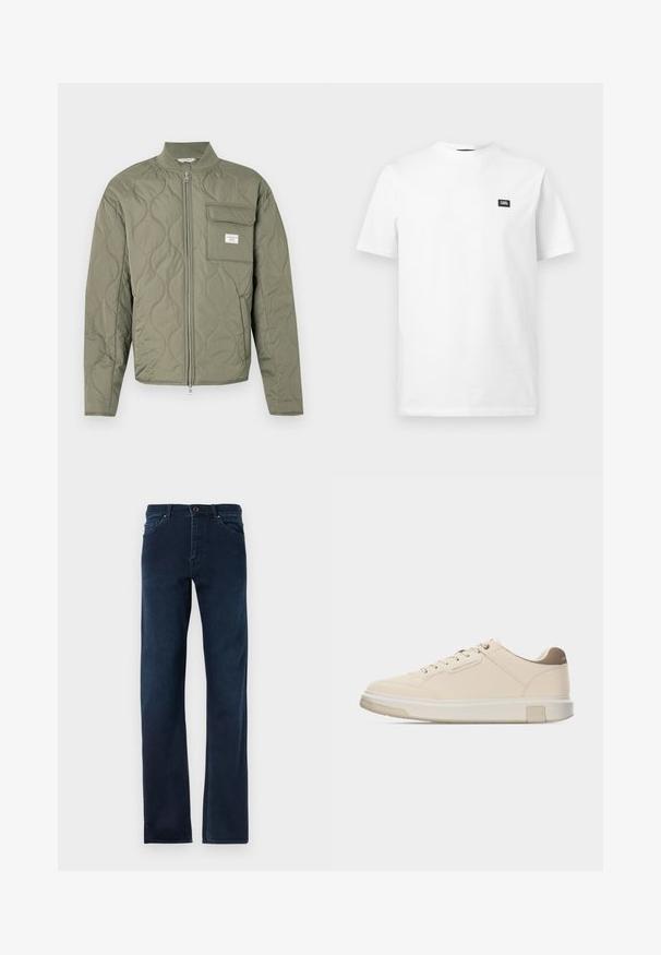 Grøn quiltet jakke med lynlås, bølgemønster, høj krave og en klaplomme på venstre bryst med en hvid label.; Hvid kortærmet t-shirt i bomuld med rund hals og lille sort rektangulært logo-mærke på venstre bryst.; Mørkeblå denim jeans med lige ben, fem lommer, knapåbning og kontrasterende syninger langs sømmene.; Lave beige sneakers med snørelukning foran, "Armani Exchange"-logo på siden og polstret hvid sål med "A|X"-branding.