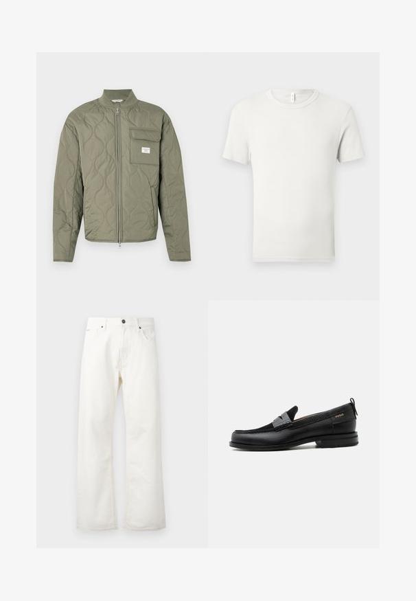 Chaqueta acolchada verde oliva con cremallera, costuras en forma de onda, cuello alto y un bolsillo con solapa en el lado izquierdo del pecho con una etiqueta blanca.; Camiseta blanca lisa de manga corta y cuello redondo, extendida sobre una superficie gris claro, con una pequeña etiqueta de tela en el cuello.; Jeans acampanados blancos de mezclilla, con una cintura estándar, bolsillos frontales y un cierre de botón. Tejido texturizado con un acabado limpio.; Mocasín de cuero negro con detalle de tira gris, tacón bajo y suela texturizada, con la marca "HUGO" en oro en el lateral.