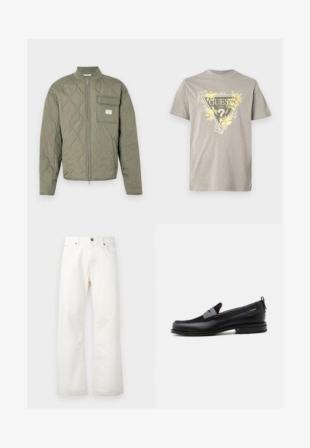 Chaqueta acolchada verde oliva con cremallera, costuras en forma de onda, cuello alto y un bolsillo con solapa en el lado izquierdo del pecho con una etiqueta blanca.; Camiseta de algodón gris con un gráfico triangular que incluye la palabra "GUESS" y detalles florales en amarillo. Cuello redondo, mangas cortas y corte estándar.; Jeans acampanados blancos de mezclilla, con una cintura estándar, bolsillos frontales y un cierre de botón. Tejido texturizado con un acabado limpio.; Mocasín de cuero negro con detalle de tira gris, tacón bajo y suela texturizada, con la marca "HUGO" en oro en el lateral.
