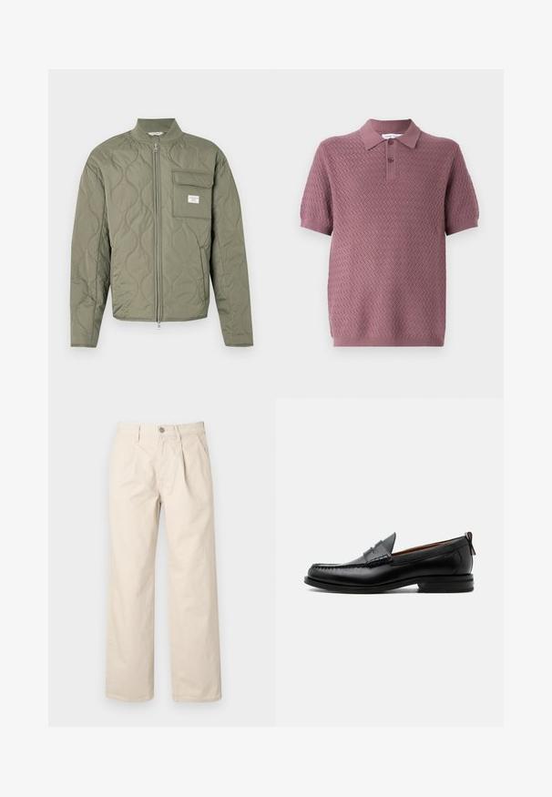 Chaqueta acolchada verde oliva con cremallera, costuras en forma de onda, cuello alto y un bolsillo con solapa en el lado izquierdo del pecho con una etiqueta blanca.; Camiseta polo de manga corta en malva con un patrón texturizado en zigzag, cuello de punta y dos botones en la tapeta. Material de punto suave.; Pantalones de pierna ancha beige con cintura alta, que cuentan con pliegues frontales, cierre con botón en la parte delantera y una suave tela de algodón.; Mocasín de hombre de piel negra con costura moc toe, tira penny, cuello texturizado y tacón bajo apilado sobre fondo blanco.