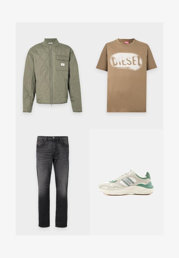 Grøn quiltet jakke med lynlås, bølgemønster, høj krave og en klaplomme på venstre bryst med en hvid label.; Brun bomulds-T-shirt med et spraymalet "DIESEL"-logo i hvid. Klassisk rund hals og korte ærmer med en glat tekstur.; Sorte denim jeans med lige ben, fem lommer, subtil falming og et lille rødt stofmærke på forlommen.; Lavtop sneaker i beige og grøn med hvid sål, side logo-striber og tekstureret design, vinklet mod venstre på hvid baggrund.