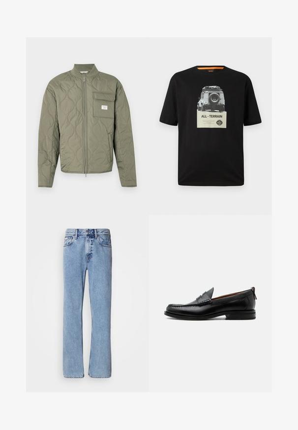 Grøn quiltet jakke med lynlås, bølgemønster, høj krave og en klaplomme på venstre bryst med en hvid label.; Sort bomulds T-shirt med rund hals, der har et grafisk print af et klassisk køretøj og teksten "ALL - TERRAIN" på brystet.; Lyseblå denimjeans med lige ben design, fem lommer og knaplukning. Syninger nær lommer og talje.; Sort læder herre loafer med moc-tå syning, penny strop, struktureret krave og lav stablet hæl på hvid baggrund.