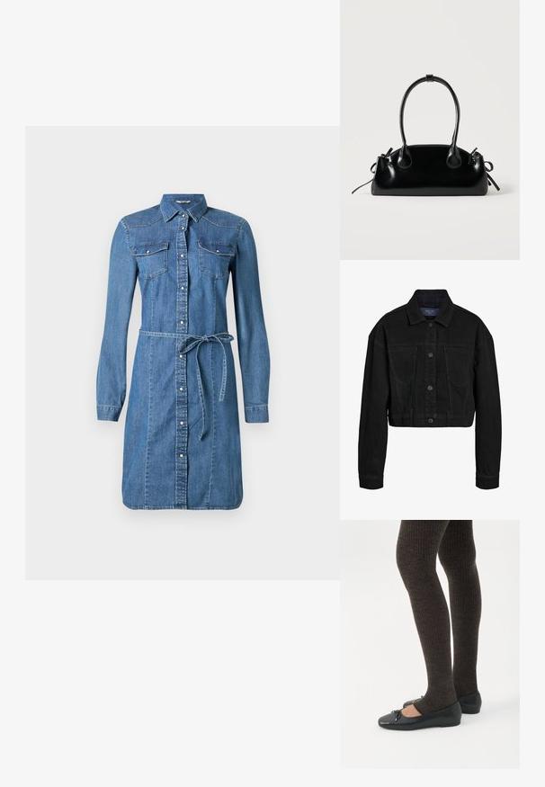 Zwarte denim cropped jack met een knoopsluiting, twee borstzakken en een klassieke kraag. Heeft tonal stiksels en lange mouwen.; Jeanshemdjurk, lichtblauw, lange mouwen, knoopsluiting aan de voorkant, twee borstzakken, afneembare tailleband, met ronde zoom en stikselaccenten.; Benen met donkere geribbelde leggings gecombineerd met zwarte ballerina's met kleine strikdetails op een witte achtergrond.; Kleine zwarte glanzende handtas met twee lange hengsels en zijkant trekkoord details op een effen lichte achtergrond.