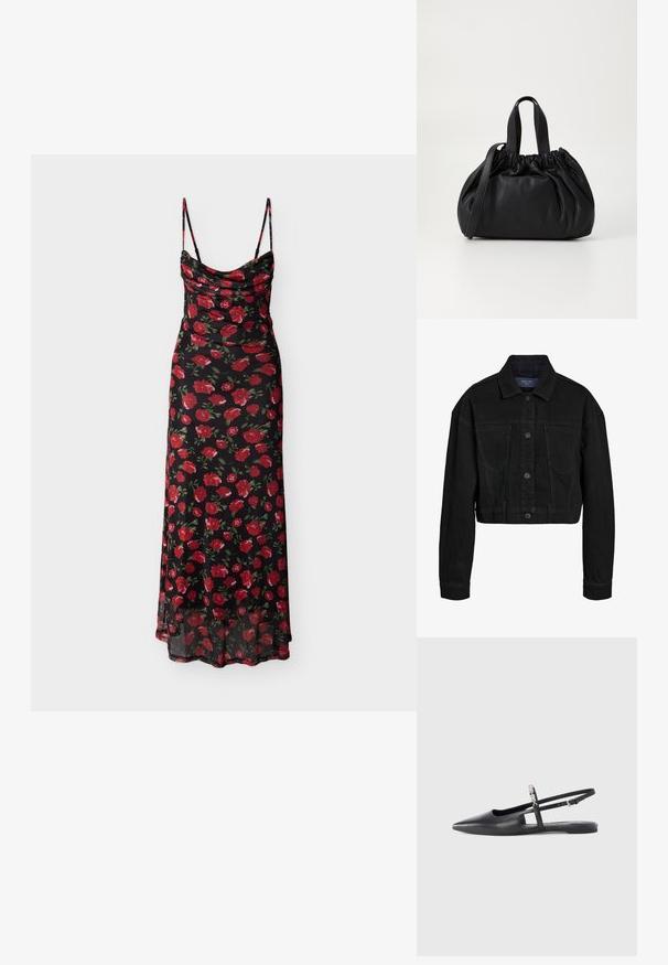 Sort denim cropped jakke med knaplukning foran, to brystlommer og klassisk krave. Har tonede syninger og lange ærmer.; Sort blomsterkjole med røde roser og grønne blade, rund halsudskæring, tynde stropper, tætsiddende overdel og luftig nederdel med transparent kant.; Sort læder slingback-flad sko med spids tå, udskåret detalje og justerbar rem med en dekorativ blomsterdekoration.; Sort læderhåndtaske med en samlet topdesign, der har to korte håndtag og en lang justerbar rem. Glat overflade, rund form.