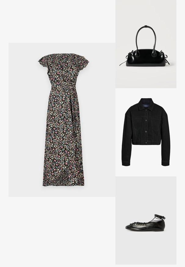 Sort denim cropped jakke med knaplukning foran, to brystlommer og klassisk krave. Har tonede syninger og lange ærmer.; Sort blomster maxi kjole med korte flæseærmer, featuring en tætsiddende talje og en svævende nederdel prydet med pink, blå og beige blomster.; Sorte balletflade sko i laklæder med rundet tå, snørelukning og flad sål. Glat tekstur med få detaljer.; Lille sort blank håndtaske med to lange håndtag og snøre-detaljer i siden på en ensfarvet lys baggrund.
