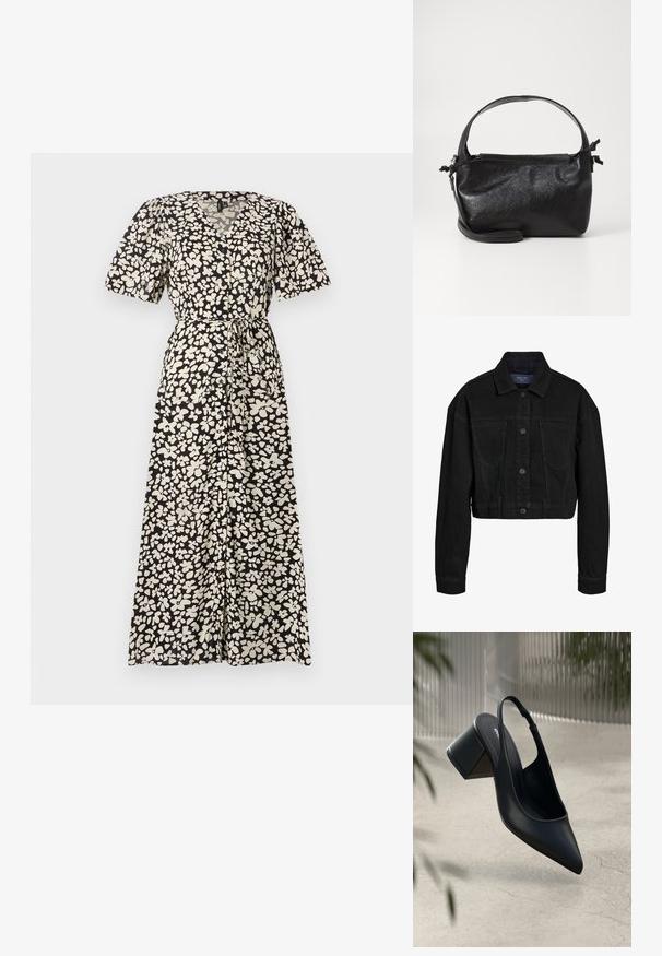 Sort denim cropped jakke med knaplukning foran, to brystlommer og klassisk krave. Har tonede syninger og lange ærmer.; Maxikjole i sort med et hvidt blomstermønster, der har korte puffærmer, en V-udskæring og et bindebælte i taljen.; Sort læder slingback hæl med spids tå og blokhæl. Glat tekstur, minimalistisk design og justerbar ankelrem.; Sort læderhåndtaske med et struktureret design, rund tophåndtag og aftagelig skulderrem. Den har en glat tekstur og en subtil glans.