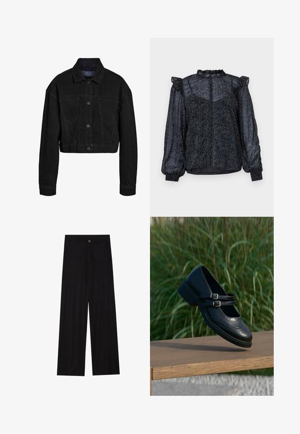Sort denim cropped jakke med knaplukning foran, to brystlommer og klassisk krave. Har tonede syninger og lange ærmer.; Sort bluse med et prikket mønster, gennemsigtigt materiale, pufærmer og en flæsekrave med knaplukning bagpå.; Bredde ben sorte bukser lavet af et glat stof, med forlommer og knaplukning i taljen. Minimalistisk design uden mønstre.; Sort læder Mary Jane-sko med dobbelte spænder og brogue-detaljer, der svæver over en træbænk med grøn græsbaggrund.