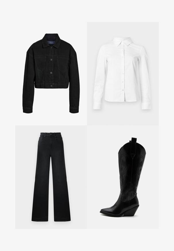Sort denim cropped jakke med knaplukning foran, to brystlommer og klassisk krave. Har tonede syninger og lange ærmer.; Hvid skjorte med lange ærmer, knapper, spids krave, lige kant og tætsiddende silhuet, vist på en ensartet lys baggrund.; Bredde bukser i sort denim med en tætsiddende talje, udstyret med bæltestropper, for- og baglommer samt en glat tekstur.; Sort læder cowboystøvle med spidst tåparti, skråt blokhælhæl, dekorative sømme og trækstropper øverst mod hvid baggrund.