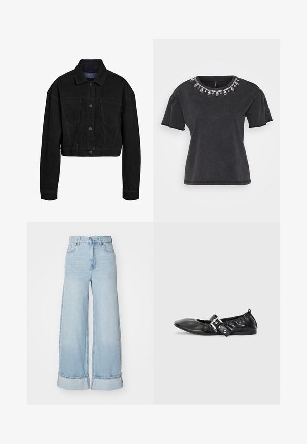 Zwarte denim cropped jack met een knoopsluiting, twee borstzakken en een klassieke kraag. Heeft tonal stiksels en lange mouwen.; Zwarte t-shirt met korte mouwen en een ronde halslijn, voorzien van een decoratieve bedelversiering langs de hals en een ontspannen pasvorm.; Lichtblauwe wijde jeans met een hoge taille, opgerolde boorden en klassieke denim structuur. Heeft voorzakken en een ritssluiting.; Zwarte leren platte schoen met een spitse neus, geplooide details rond de opening en een zilveren gespaccentueerde verstelbare band.