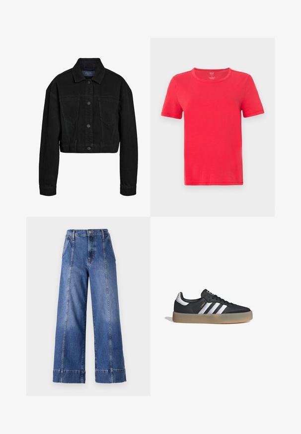 Chaqueta de mezclilla negra recortada con parte delantera de botones, dos bolsillos en el pecho y un cuello clásico. Presenta costuras tonales y mangas largas.; Camiseta roja de manga corta hecha de algodón. Presenta un cuello redondo clásico y un diseño sencillo sin patrones ni detalles.; Jeans de mezclilla azul de pierna ancha con una cintura alta, que cuentan con un cierre de botón, bolsillos frontales y costuras visibles a lo largo de las costuras laterales.; Zapatilla deportiva de cuero negro con tres rayas plateadas, punta texturizada y suela de goma. Cuenta con un collar acolchado y un diseño con cordones.