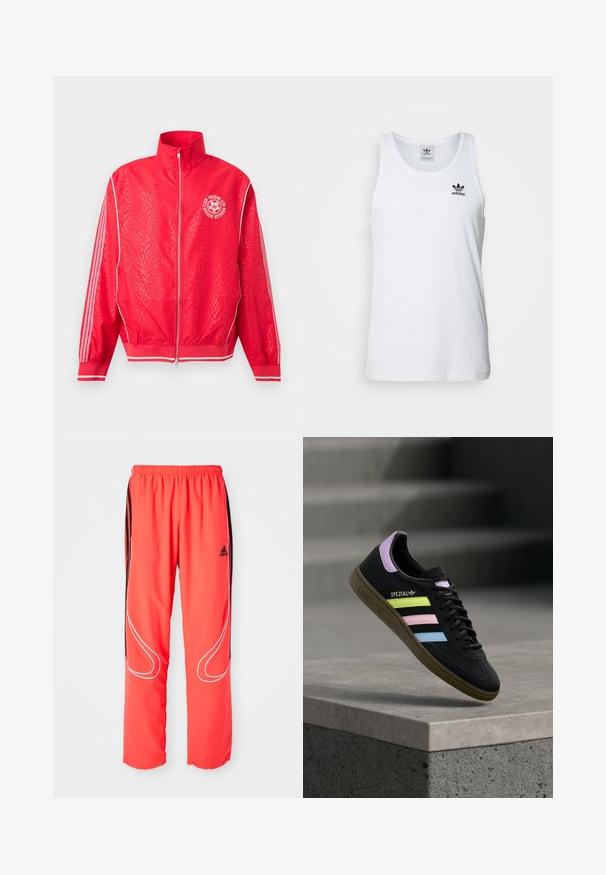 Veste de sport rouge zippée avec un motif texturé subtil, des bandes blanches sur les manches, et un logo circulaire blanc de club de football sur la poitrine.; Débardeur blanc à côtes avec col rond, logo Adidas noir sur la poitrine gauche, sans manches. Matière en coton doux, coupe décontractée.; Pantalons de sport rouges avec une coupe décontractée, taille élastique, rayures latérales noires et liseré blanc le long des jambes. Logo Adidas sur la hanche.; Baskets Adidas Spezial noires avec bandes jaune pastel, rose et bleue, languette de talon lavande et semelle marron, flottant au-dessus d’un rebord en béton.