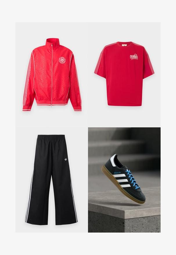 Veste de sport rouge zippée avec un motif texturé subtil, des bandes blanches sur les manches, et un logo circulaire blanc de club de football sur la poitrine.; T-shirt rouge à manches courtes Adidas avec logo blanc et graphique de football sur le côté gauche de la poitrine, ainsi que trois bandes blanches le long de chaque manche.; Pantalon de survêtement noir à jambes larges avec taille élastique, bandes blanches latérales et petit logo Adidas trefoil sur la hanche droite.; Baskets Adidas noires avec des rayures blanches, des lacets bleus et une semelle en gomme flottant au-dessus d'une marche en béton grise sous une lumière douce.