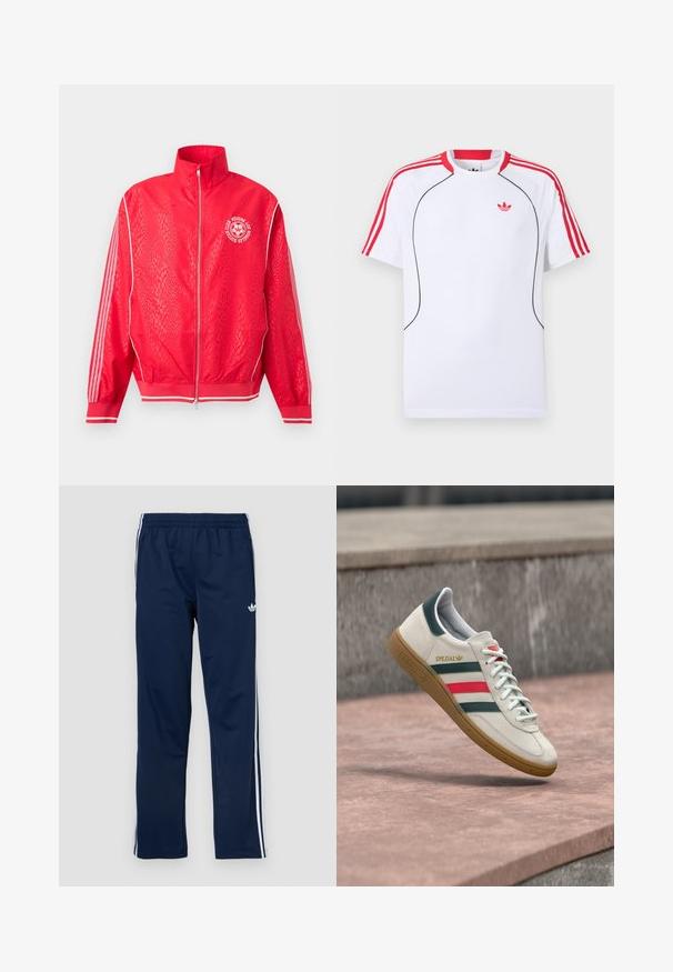 Veste de sport rouge zippée avec un motif texturé subtil, des bandes blanches sur les manches, et un logo circulaire blanc de club de football sur la poitrine.; T-shirt de sport blanc à manches courtes avec des rayures rouges sur les épaules et les manches, un liseré noir à l'avant, et le logo Adidas trèfle rouge sur la poitrine.; Pantalon de sport bleu marine avec bandeau élastique à la taille, bandes blanches sur les côtés, et logo brodé sur la cuisse gauche. Texture de tissu lisse.; Baskets blanches Adidas avec des rayures vertes et rouges, semelle en gomme, et marquage "SPEZIAL", flottant au-dessus d'un pavement en pierre.