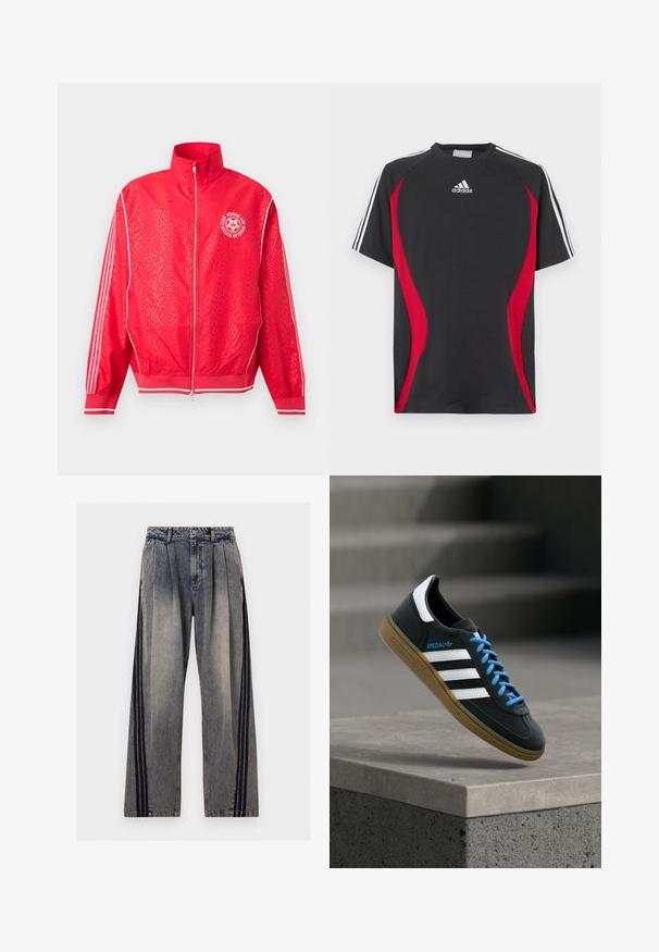 Veste de sport rouge zippée avec un motif texturé subtil, des bandes blanches sur les manches, et un logo circulaire blanc de club de football sur la poitrine.; T-shirt noir à manches courtes avec accents rouges sur les côtés, logo Adidas blanc sur la poitrine et bandes blanches sur les épaules. Confectionné dans un tissu lisse.; Jean en denim gris délavé taille haute avec des plis et des rayures verticales noires le long des côtés extérieurs de chaque jambe.; Baskets Adidas noires avec des rayures blanches, des lacets bleus et une semelle en gomme flottant au-dessus d'une marche en béton grise sous une lumière douce.