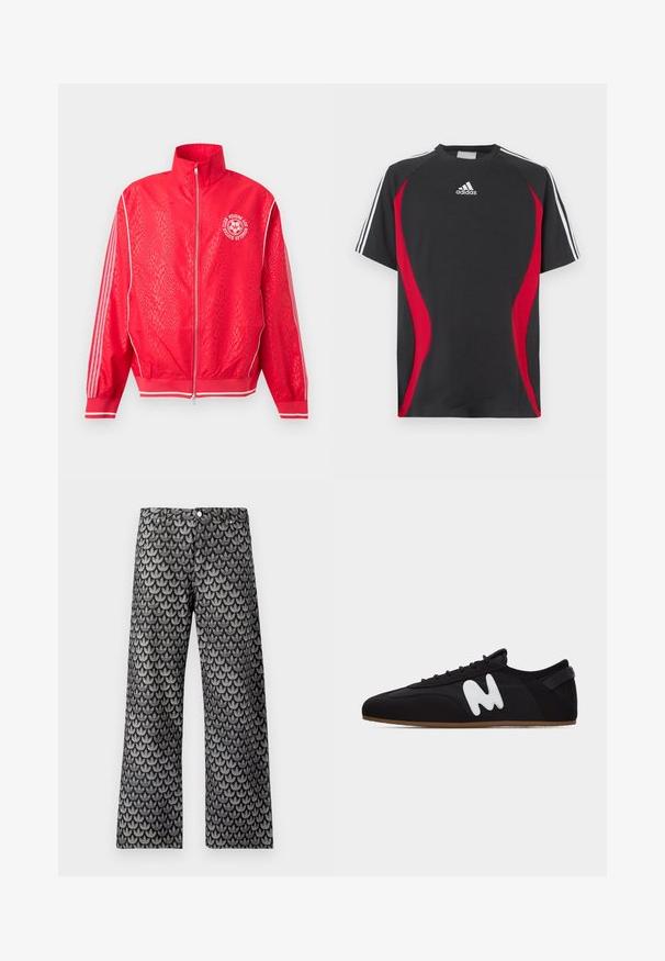 Veste de sport rouge zippée avec un motif texturé subtil, des bandes blanches sur les manches, et un logo circulaire blanc de club de football sur la poitrine.; T-shirt noir à manches courtes avec accents rouges sur les côtés, logo Adidas blanc sur la poitrine et bandes blanches sur les épaules. Confectionné dans un tissu lisse.; Pantalon à jambes larges en noir et gris avec un motif texturé de feuilles. Comprend un design classique à cinq poches et une fermeture par bouton en métal.; Baskets basses noires avec une semelle fine marron et un logo stylisé "M" blanc sur le côté, vues de gauche.