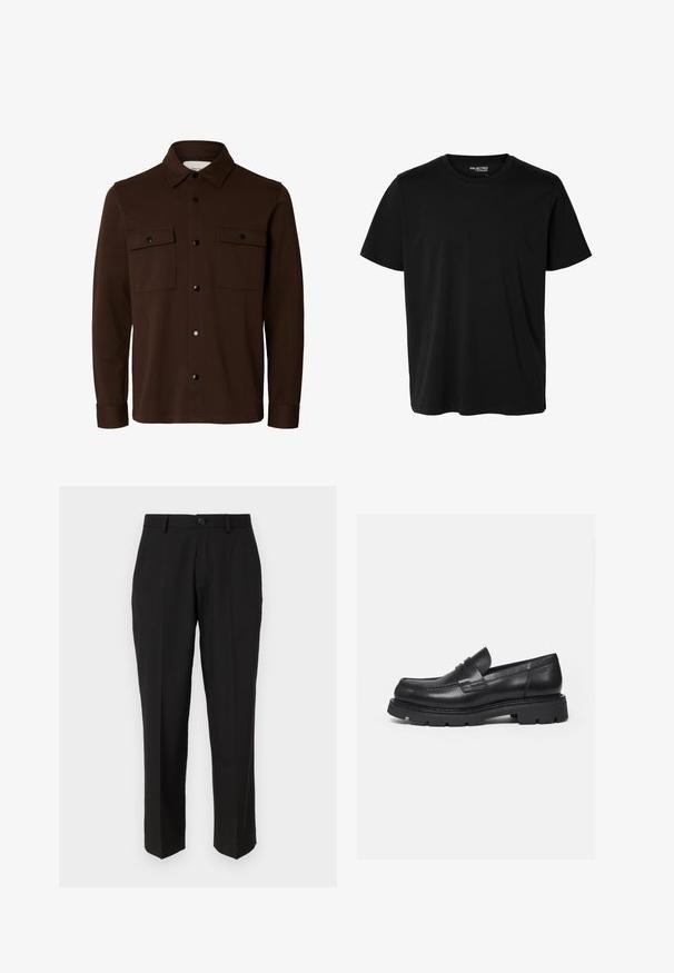 Dunkelbraune Hemdjacke mit langen Ärmeln, Kragen, Knopfleiste vorne und zwei Brustklappentaschen mit Knöpfen.; Schlichtes schwarzes T-Shirt mit kurzen Ärmeln und Rundhalsausschnitt in Herrenform, ohne sichtbare Muster oder Logos auf der Vorderseite.; Schwarze Hosen aus glattem Stoff mit geradem Bein, Fronttaschen, einem einzigen Knopfverschluss und ohne sichtbare Muster.; Schwarzer Lederloafer mit dicker, profilierter Sohle und Pennyriemen-Detail, von der rechten Seitenansicht auf weißem Hintergrund gezeigt.
