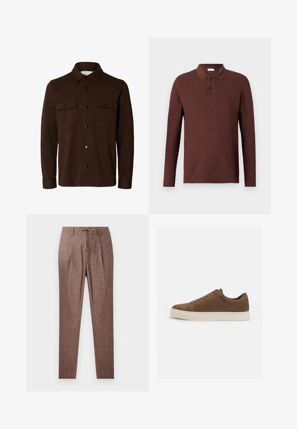 Tumepruun pikkade varrukatega särkjope kraega, esikinnisega nööpidega ja kahe nööpkinnitusega rinnataskuga.; Pruun pikka varrukasärk, millel on tekstureeritud kangas, kolme nupuga plake ja klassikaline krae. Ilma nähtavate logode või mustriteta.; Pruunid, tekstureeritud püksid herringbone mustriga, millel on nööriga vöökoht ja kaks ettepoole suunatud voldikut. Sirged sääred.; Pruunist sametist tenniset jalatsid, millel on nöörimise disain, beež kummist tald, ümar nina ja peened õmbluse detailid külgedel.
