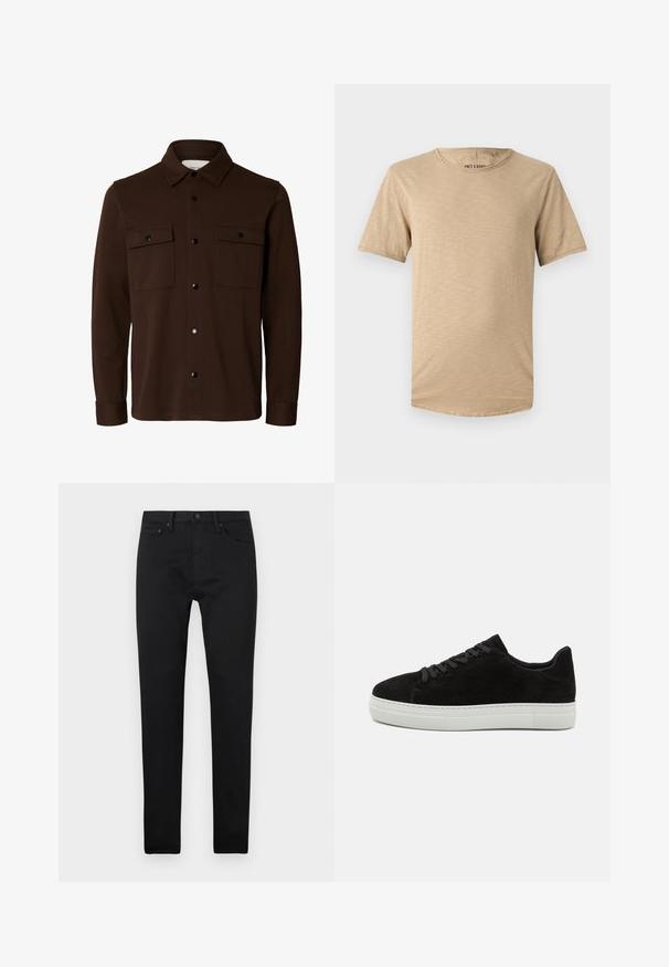 Dunkelbraune Hemdjacke mit langen Ärmeln, Kragen, Knopfleiste vorne und zwei Brustklappentaschen mit Knöpfen.; Beige T-Shirt mit kurzen Ärmeln aus weichem Stoff. Besitzt einen runden Halsausschnitt und eine leicht strukturierte Oberfläche mit abgerundetem Saum.; Schwarze Slim-Fit-Jeans mit fünf Taschen, Knopfverschluss und Gürtelschlaufen, auf einem schlichten weißen Hintergrund präsentiert.; Schwarze Wildledersneaker mit weißer Gummisohle, runder Zehenpartie und schwarzen Schnürsenkeln. Glatte Textur mit minimalistischem Design und ohne sichtbare Muster.